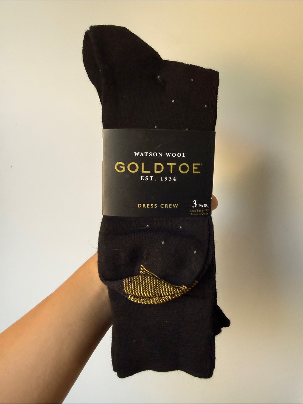 Gold Toe Black Watson Wool Dress Crew Socks with Gold Toe Detail - 3 Pair